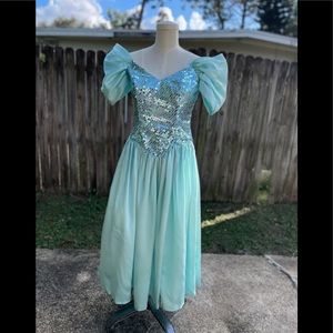 Vintage 80s Princess Blue Sliver Sequin Satin Pageant Long Gown Size 6